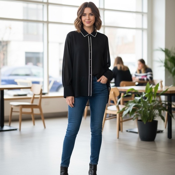 💎Forever 21 Black Button-Up Shirt with Rhinestome Trim Large NWOT - Picture 1 of 7